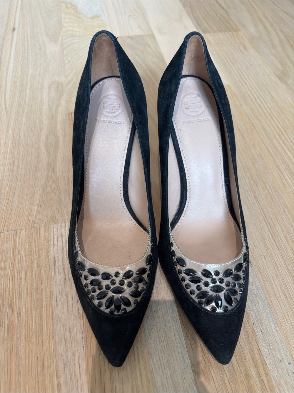 Tory Burch Black Suede Pointed Toe Pumps with Silver Jeweled Cap
